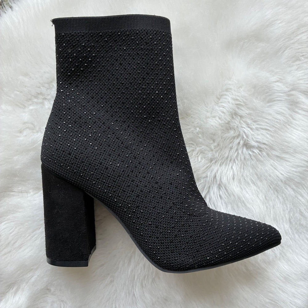 MIA Black Rhinestone Sock Booties Pointed‎ Toe Block Heel Ankle Boots Women Sz 8